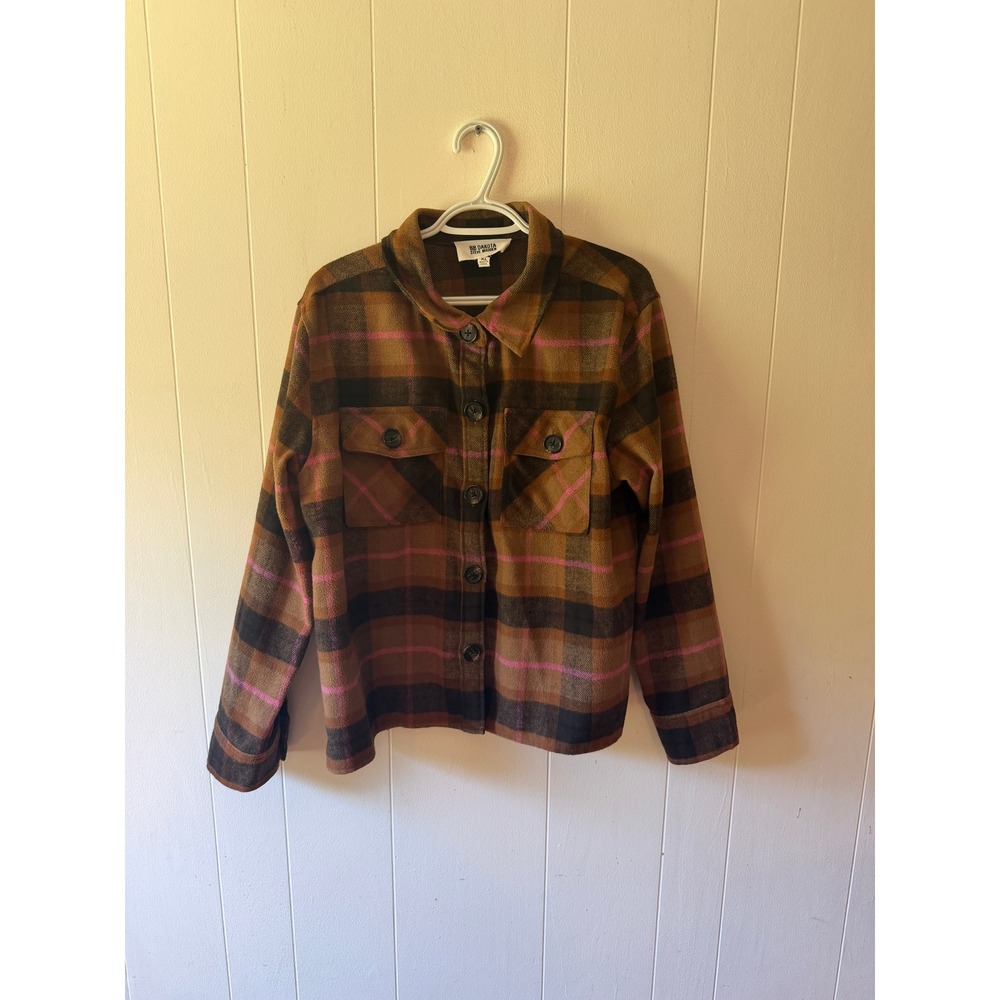 BB Dakota Steve Madden Womens XL Plaid Flannel Shacket Brown Pink Button Jacket